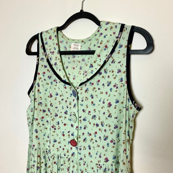 Vintage 1980s light green floral sleeveless collared dress size L - Picture 8 of 15